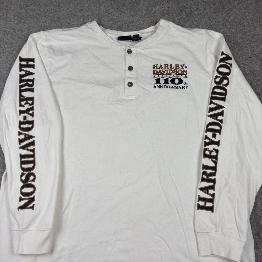 Harley Davidson Henley Shirt Mens 2XL White‎ 110th Anniversary Long Sleeve - Picture 3 of 11